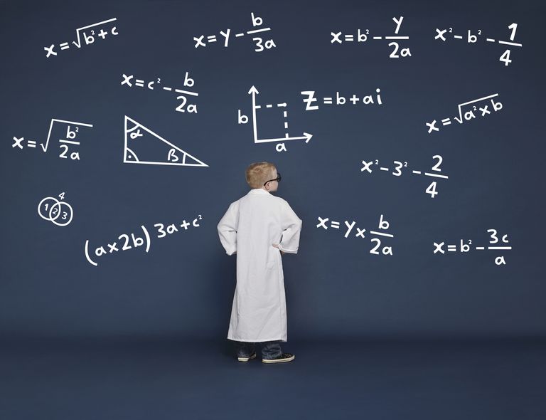 Pictures of a child in a lab coat looking at mathmatical problems
